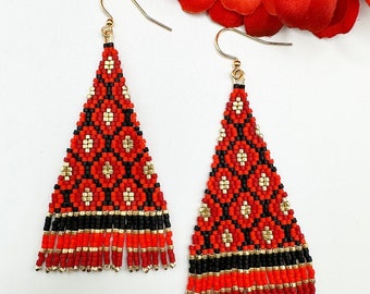 Red, black and gold Brickstitch Earrings