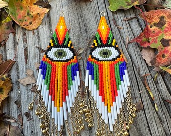 Green Eyed Greek or Evil Eye Fringe Earrings