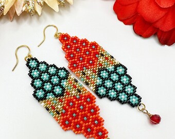 Brincos de favo de mel vermelho/azul com cristal vermelho