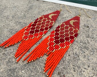 Mermaid Tail with crescent moon fringe earrings in reds!