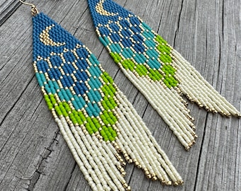 Mermaid Tail with crescent moon fringe earrings in blue and green!