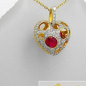 Heart Locket Pendant,  92.5 Sterling Silver Pendant,  Red Stone,  14k Yellow Gold Plated Pendant