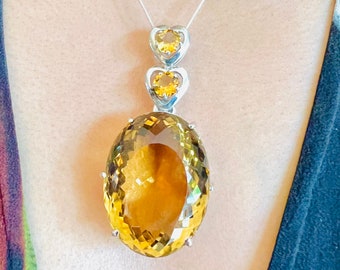 Large VVS 148 Cts Oval and Flower Cut Citrine Silver Pendant, Natural Multi Citrine Gemstones Pendant, Long Drop Pendant, Length 67mm