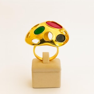 Large Heart Multi Gemstones Silver Gold Plated Ring, Red Ruby Black Spinel Green Jade, 92.5 Silver Yellow God plated