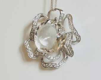 Large 82 CTS Round Cut White Quartz Cocktail Pendant, Natural White Quartz, 92.5 Sterling silver, Rhodium Plated