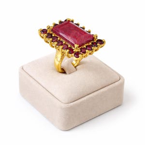 Octagon Ruby Garnet Cocktail Ring, Gold Plated 925 Silver, Size 7