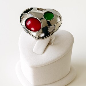 Heart Red Ruby Black Spinel Green Jade Gemstones Silver Ring, Large Multi Gemstones 925 Silver, UK Ring Sizes O, O 1/2, Q