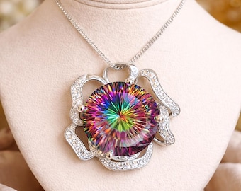 Large 118 CTS Round Mystic Quartz  Pendant, Sterling Silver Cubic Zirconia