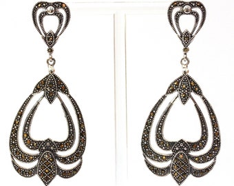 Long Marcasite Earrings, Long hook drop dangle earrings in 92.5 sterling silver