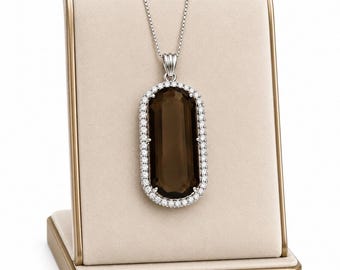 Large Smoky Quartz and Moissanite Silver Pendant, Octagon Cut Smoky Quartz Pendant, Brown Gemstone Pendant