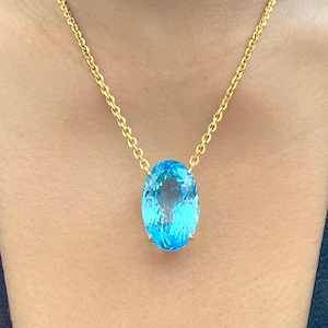 9K Yellow Gold VVS 51.45 Cts Oval Blue Topaz Necklace Choker, Large Natural Blue Topaz Hand Made Choker, Extendable Chain 36.83 - 40.64 cm