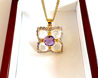 Multi Gemstones Amethyst Tanzanite Quartz Silver Pendant,  Hearts White Quartz, Purple Amethyst and Tanzanite Pendant, 18k Gold Plated