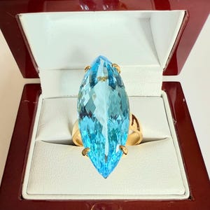Huge Blue Topaz 38.35 CTS Marquise Cut 9K Gold Solitaire Ring, Premium Natural Topaz Vibrant Cocktail  Ring - NEW