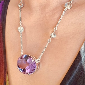 Amethyst Silver Lariat Choker VVS 71 CTS Necklace, Large Oval Purple & Green Amethyst Necklace, Extendable Chain 45 - 48 cm