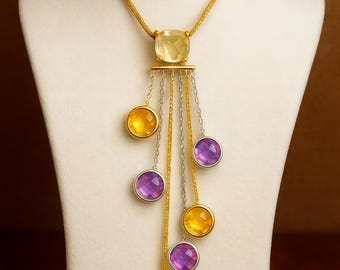 Long Multi Gemstones Dangle Silver Gold Plated Pendant, Amethyst and Citrine Pendant, 80mm Drop