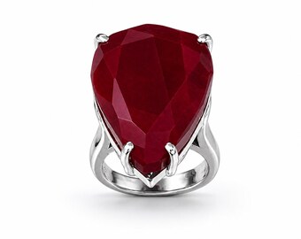 Large Red Pear Cut Ruby Silver Ring, Solitaire Ring, Big Bold Statement Hand Made Ring, 925 Silver