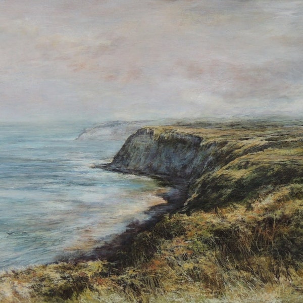 Seaside Summer Cliffs Beach Signed  Print of Seascape Ravenscar, Scarborough North Yorkshire Coast Art Giclée Print of Original Oil Painting