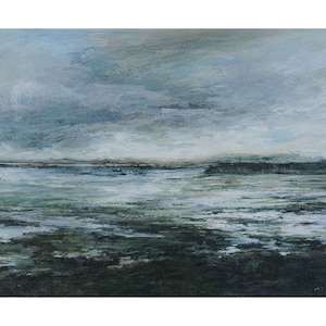 Lindisfarne Holy Island Northumberland Signed Seascape Print, Low Tide Atmospheric view from Original Oil Painting