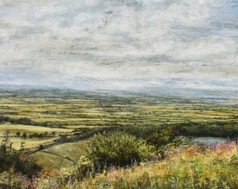 May include: A painting of a landscape with a view of a valley from a hilltop. The valley is green and brown with fields and trees. The sky is cloudy and blue. The foreground is a field of wildflowers.