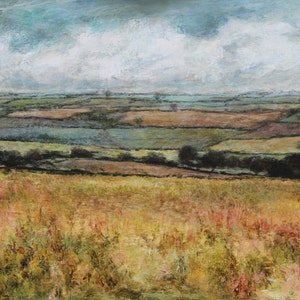 May include: A painting depicting a rural landscape with rolling hills, fields, and a cloudy sky. The fields are a mix of green, brown, and yellow, and the sky is a light blue with white clouds. The painting is created in a textured style, with visible brushstrokes.