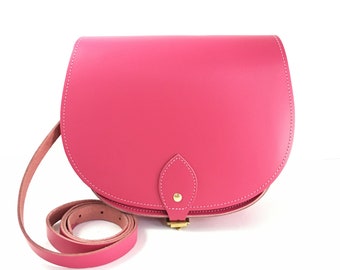 Fuchsia Pink Leather Saddle Bag - Handmade in UK