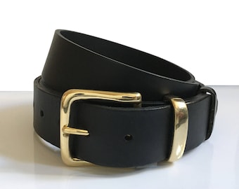 Mens Brass Leather Belt - 1.5 Inch - Womens Black Leather Belt - Gold Belt - Handmade UK - 1 1/2 Inch Belt - Black Belt - Brass Buckle