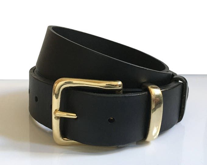 Mens Brass Leather Belt in Black - 1" 1/2