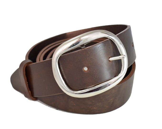 Oval Circle Silver Leather Belt with Brown Strap - 1" 1/2
