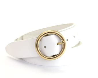 White Leather Belt Gold Circle Buckle - 1 1/2 Inch - 38mm Belt - Round Brass Buckle - Handmade UK - Real Leather - Gold Buckle - White Belt
