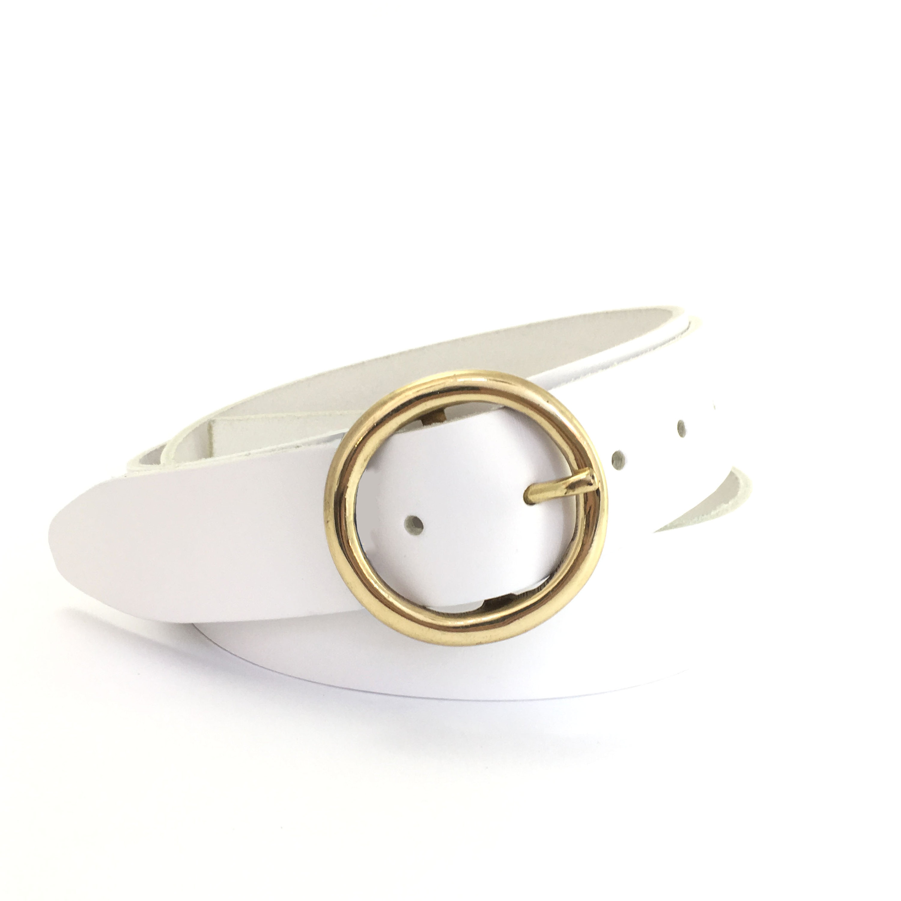 White Leather Belt Gold Circle Buckle - 1 1/2 Inch - 38mm