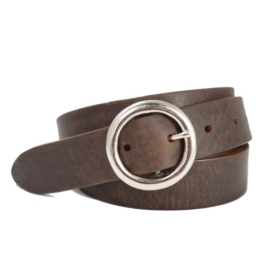 Thin Brown Leather Belt W/ Round Silver 