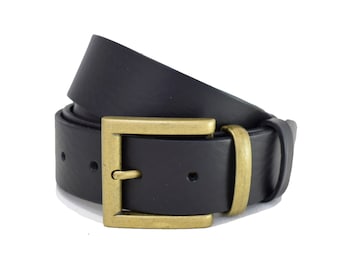 Square Buckle Black Leather Belt  - 1 1/2 Inch Belt - Handmade - Men's Belt - Brass Leather Belt  - Gift for him - Guy Belt - Ladies Belt