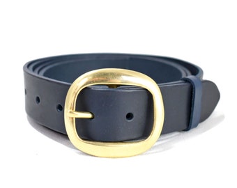 Blue Leather Belt Oval Buckle  1" 1/4  Brass Buckle  Formal trousers Belt  Narrow Men's Belt Narrow Blue Belt  Suit Belt