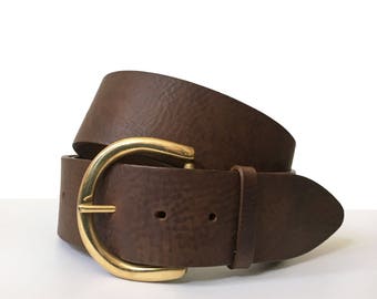 Wide Brown Leather Belt: Handmade Brass Buckle, 2 Inch