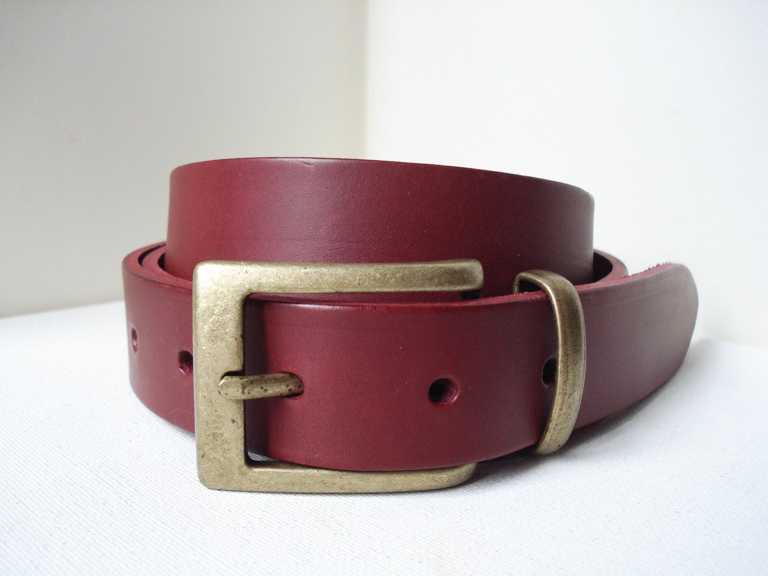 Thin Brass Belt With Burgundy Leather Strap - Handmade in 