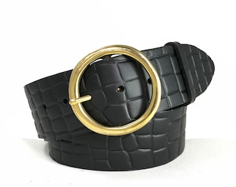 2" Croc Embossed Black Leather Belt w Brass Round Buckle - 2 Inch Belt - Croc Effect - Wide Waist Belt- Handmade UK - Crocodile Leather Belt