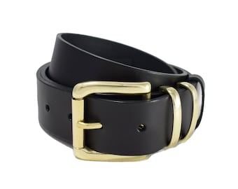 1 1/2'" Smooth Black Leather Belt with Double Loop Keeper in Brass - 1.5 Inch Belt - Black Belt Roller Buckle Gold - Trousers Belt Woman