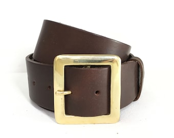 2" Wide Smooth Brown Leather Belt Square Gold Buckle - 2 Inch Belt - 5cm belt - Men's Belt - Gold Buckle - Handmade UK - Women's Belt