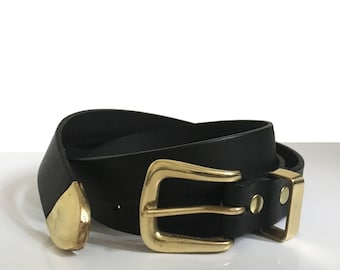 Handmade Leather Belt with Brass Buckle: Black Western Style