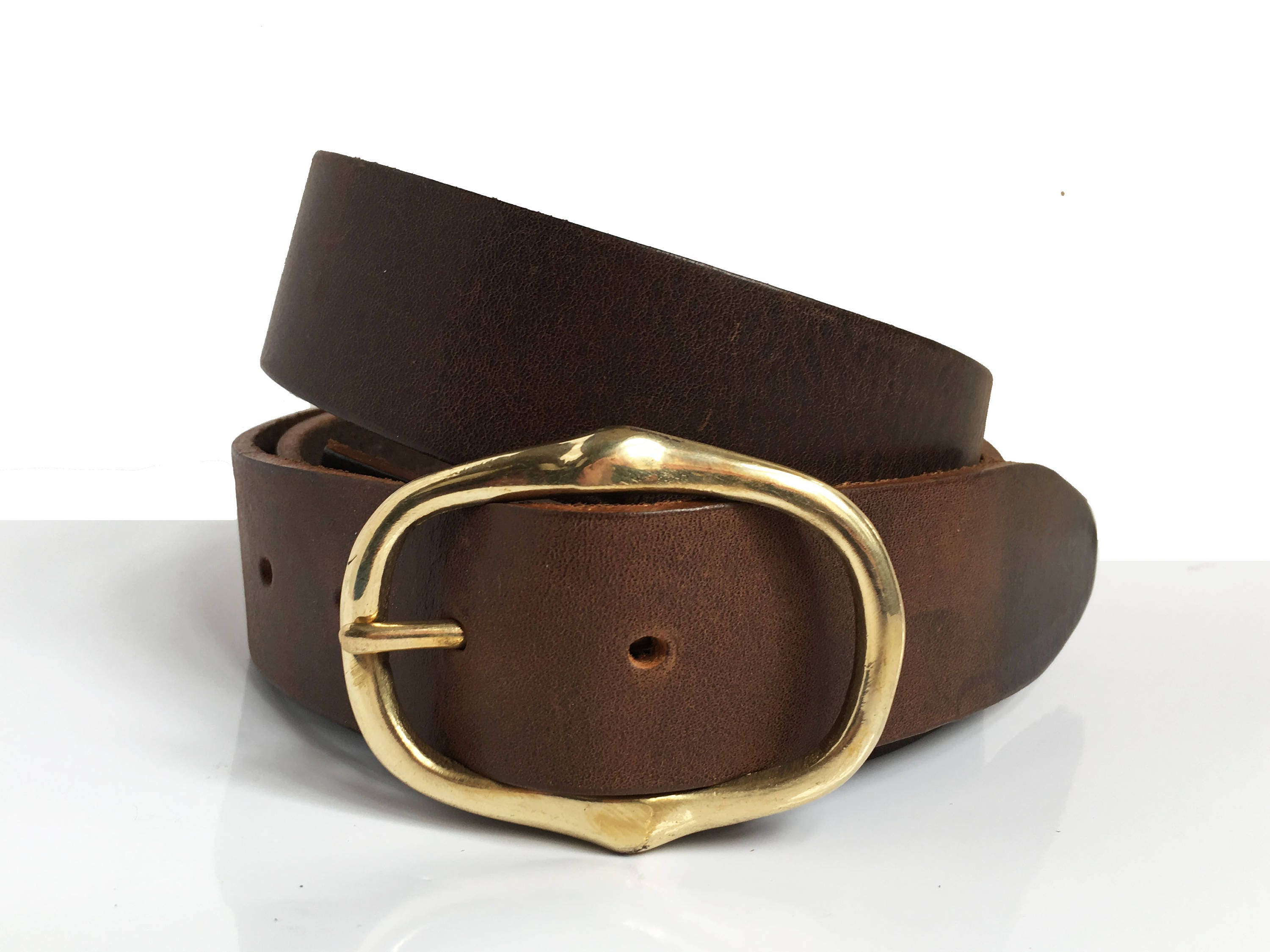Mens Leather Belt With Gold Buckle 1 1/2 Brass Belt Etsy