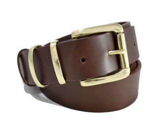 1 1/2'" Double Loop Leather Belt Smooth Brown - 2 Loops - Gold Keeper - Italian belt for Trousers - Real Leather - Ladies Belt - guy belt