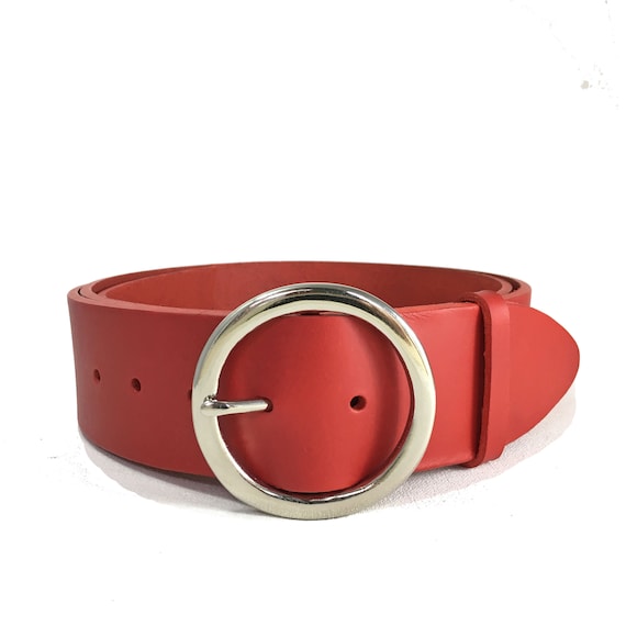 2 Red Leather Belt Round Buckle 2 Inch 