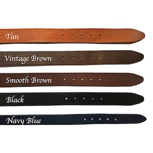 May include: Five leather belts in different colours: tan, vintage brown, smooth brown, black, and navy blue. Each belt has a row of evenly spaced holes.