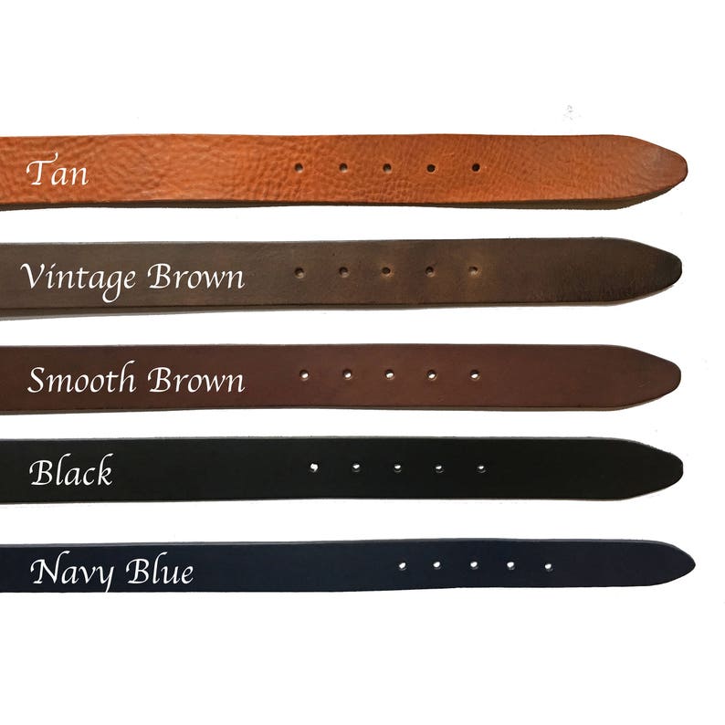 May include: Five leather belts in different colours: tan, vintage brown, smooth brown, black, and navy blue. Each belt has a row of evenly spaced holes.