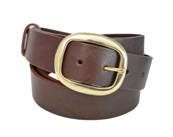 Handmade Brown Leather Belt: Oval Brass Buckle, Full Grain Cowhide western-style cowboy