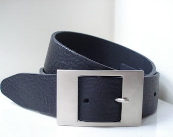 Mens Black Leather Belt - Handmade In UK - Black Jeans Belt - Large Buckle - Mens Belt