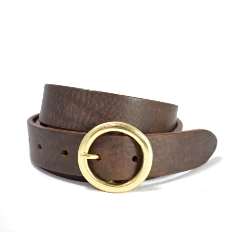 Thin Brown Leather Belt With Round Belt Buckle 1 1/4 Inch Etsy UK