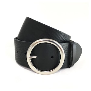 Wide Leather Belt Round Buckle in Black 2 Inch Belt Silver Circle Belt Handmade Black Men Belt Proper Belt Real Leather Black