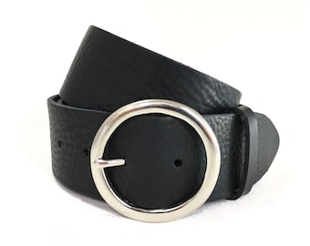 Wide Leather Belt Round Buckle in Black - 2 Inch Belt - Silver Circle Belt - Handmade - Black Men Belt - Proper Belt - Real Leather