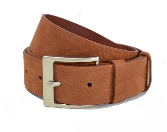 Nubuck Brown Leather Belt with Silver Buckle - 1" 1/2